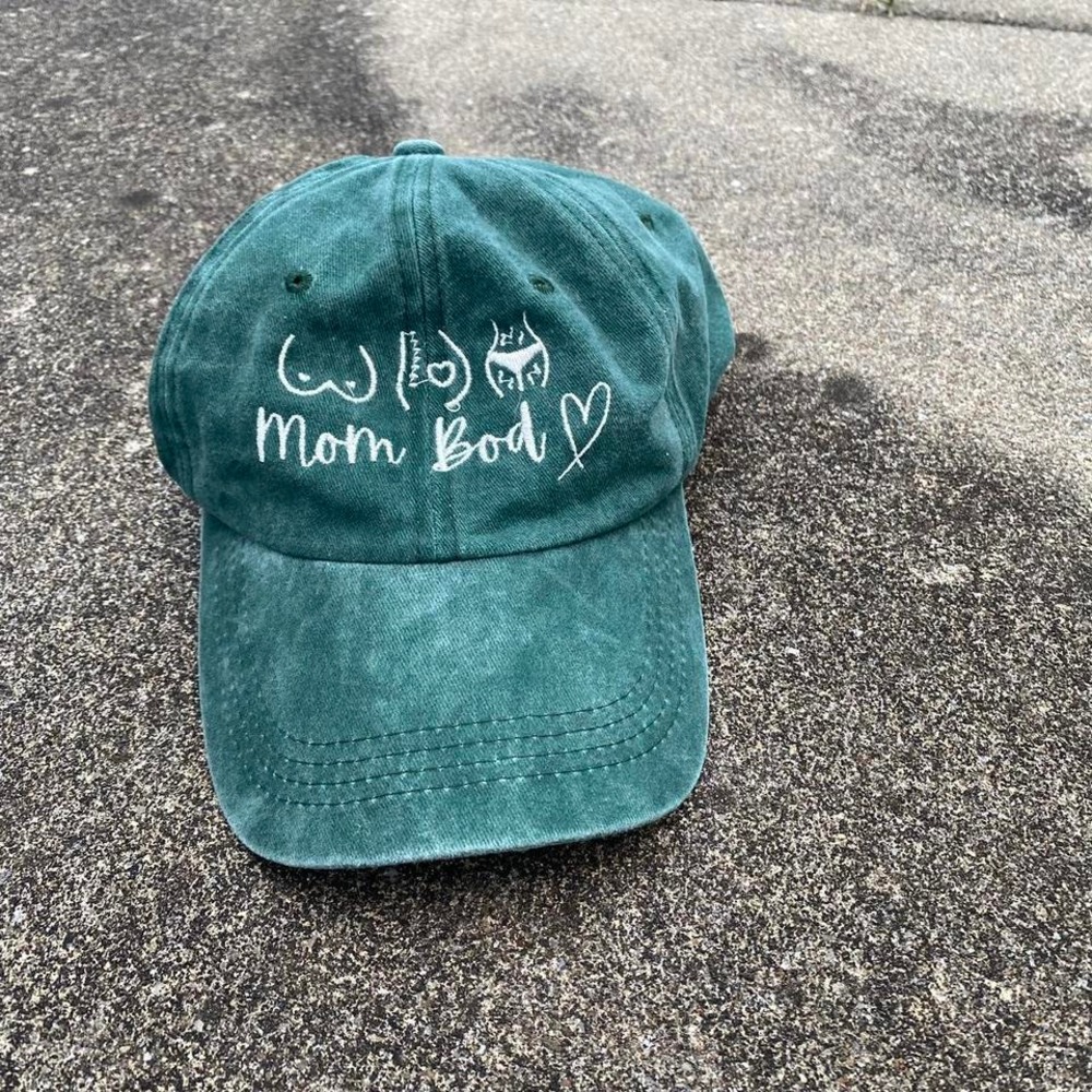 Mom Bod Embroidered Distressed Washed Cotton Baseball Cap Womens OS Green